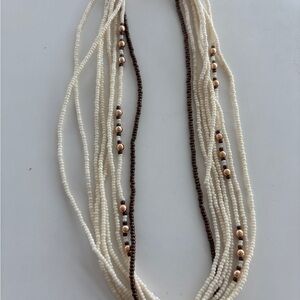 Source Unknown Cream and Brown Beaded Necklace with Gold Clasp